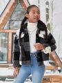 SHEIN Tween Girl Buffalo Plaid Pattern Drop Shoulder Teddy Jacket