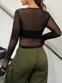 SHEIN Coolane Women's Sheer Star Printed Mesh Slim Fit Cropped Top
