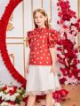 SHEIN Kids Y2Kool Tween Girls' Bubble Short Sleeve Blouse With Bow Tie And Heart Pattern