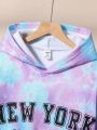 Teen Girls' Letter Print Tie Dye Inner Lined Hoodie And Sports Pants Two Piece Set For Warmth