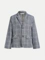 SHEIN Kids FANZEY Tween Boys' Slim Fit Elegant Plaid Notched Lapel Suit Jacket & Pants Two Piece Set