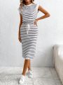 SHEIN LUNE Women'S Striped Round Neck Top And Skirt Two Piece Set