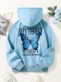 Teen Girl Slogan & Butterfly Print Thermal Hoodie