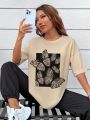 Isa Taval Butterfly Pattern Short Sleeve Casual T-Shirt With Round Neck