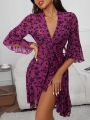 Floral Print Flounce Sleeve Sheer Belted Mesh Robe Without Bra And Panty