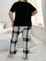 Plus Size Plaid Patchwork Pocket Top & Long Pants Homewear Set