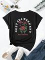 Teen Girls' Flower & Letter Pattern Short Sleeve T-shirt