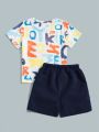 SHEIN Kids EVRYDAY Toddler Boys' Casual Letter Printed Short Sleeve T-Shirt And Shorts 2pcs/Set