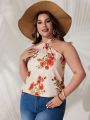 SHEIN VCAY Plus Size Flower Pattern Halter Neck Blouse