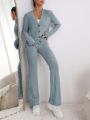 SHEIN LUNE Ribbed Knit Button Front Jacket & Flare Leg Pants