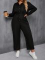 SHEIN Frenchy Plus Size Vacation Solid Color Front Button Jumpsuit