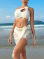 SHEIN Swim Mod 3pcs/Set One Shoulder Bikini Set With 3d Flower Decorations And Swim Skirt