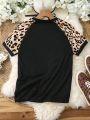 Text And Leopard Print Raglan Sleeve T-shirt