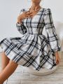 SHEIN Privé Women'S Gingham Double Layered Ruffle Hem Dress