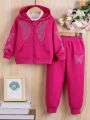 SHEIN Kids QTFun Little Girls' Spring Autumn Casual Butterfly Pattern Sporty Hoodie And Pants Set With Rhinestones