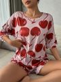 Cherry Print Drop Shoulder Ruffle Trim PJ Set