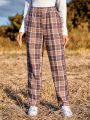 SHEIN LUNE Elastic Waist Plaid Pants With Diagonal Pockets