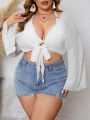 SHEIN Swim Basics Plus Size Solid Color Obi Belted Cropped Kimono