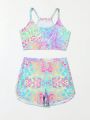 Girls' Colorful Leopard Print Two-piece Swimsuit With Sports Bra And Flat Angle Swim Shorts