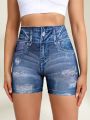 Daily&Casual Women'S Seamless High Stretchy Sports Shorts With Denim Pattern