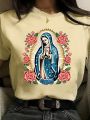 Plus Size Virgin Mary & Flowers Printed T-Shirt