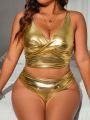 SHEIN Swim Basics Plus Size Women'S Cross-Over Metallic Texture Vest Style Bikini