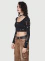 Grunge Punk Women's Distressed Cutout Back Knot Crop Top