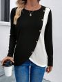 Women's Color Block Wrapped Overlap & Button Decorated T-shirt