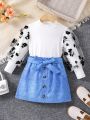 SHEIN Kids Y2Kool Toddler Girls' Autumn Long Sleeve Top & Short Skirt Set With Bow Belt