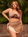 SHEIN Swim SXY Plus Size Wave Striped Front Tie Bikini Set And Swim Skirt