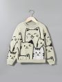 SHEIN Kids QTFun Tween Girl Cat Pattern Drop Shoulder Sweater