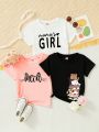 3pcs/Set Girls' Cute Cat Printed T-Shirts With Letter Slogan For Toddler