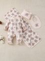 Baby Boy Cute Bear Patterned Jumpsuit With Long Sleeves And Pants, Comes With Bib, Hat And Blanket, Suitable For Home Wear