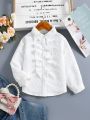 SHEIN Kids EVRYDAY Girls' Chic Bow Knot Formal Shirt With Ruffle Collar Long Sleeve Top For Autumn