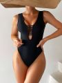 Ladies' Monochromatic Hollow Out One-Piece Swimsuit