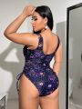 SHEIN Swim Y2GLAM Women's Plus Size Full Spider Pattern Printed Drawstring Hollow Out One Piece Swimsuit