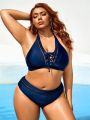 SHEIN Swim BAE Women's Plus Size Blue Halter Neck Swimsuit With Tie