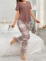 Solid Color Top & Checkered Pants Pajama Set