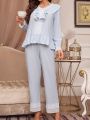 Women's Lace Patchwork Ruffle Hem Long Sleeve Sleepwear Set