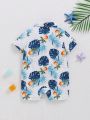 SHEIN Baby Boy'S Casual Leaf Pattern Lapel Short Romper For Summer Vacation