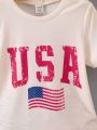 SHEIN Little Boys' American Style Printed T-Shirt And Shorts 2pcs/Set