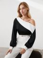 SHEIN BIZwear Women'S Colorblock Irregular Shoulder Shirt