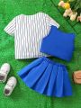 Baby Girl's Street Style, Fashionable Striped Short Sleeve Shirt, Comfortable Crop Top, Pleated Skirt Three Piece Set With Letter Printed, Summer