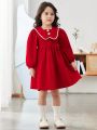 SHEIN Kids Nujoom Young Girl Contrast Binding Button Front Lantern Sleeve Dress