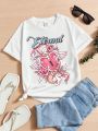 Teen Girls' Heart & Wing & Letter Print Short Sleeve T-shirt