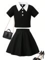 Teen Girls' Colorblock Polo Collar Top With A-line Skirt Two Piece Set