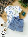 Baby Boys' Dinosaur & Animal Patterned Tops And Denim Shorts Outfit