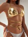 SHEIN Swim Y2GLAM Women's Metallic Fabric Halter Neck Bikini Top