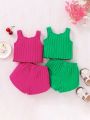 SHEIN Baby Girls' Knitted Solid Color Tank Top And Shorts, Elastic Waist, 4pcs/Set Casual Outfits