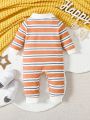 Striped Print Collared Polo Neckline Front Snap-up Long Sleeve For Baby Boys